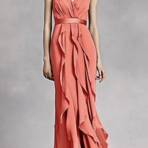 Vera Wang V Neck Wrapped Bodice Full Length Strap Dress VW36201345 Color Sunset